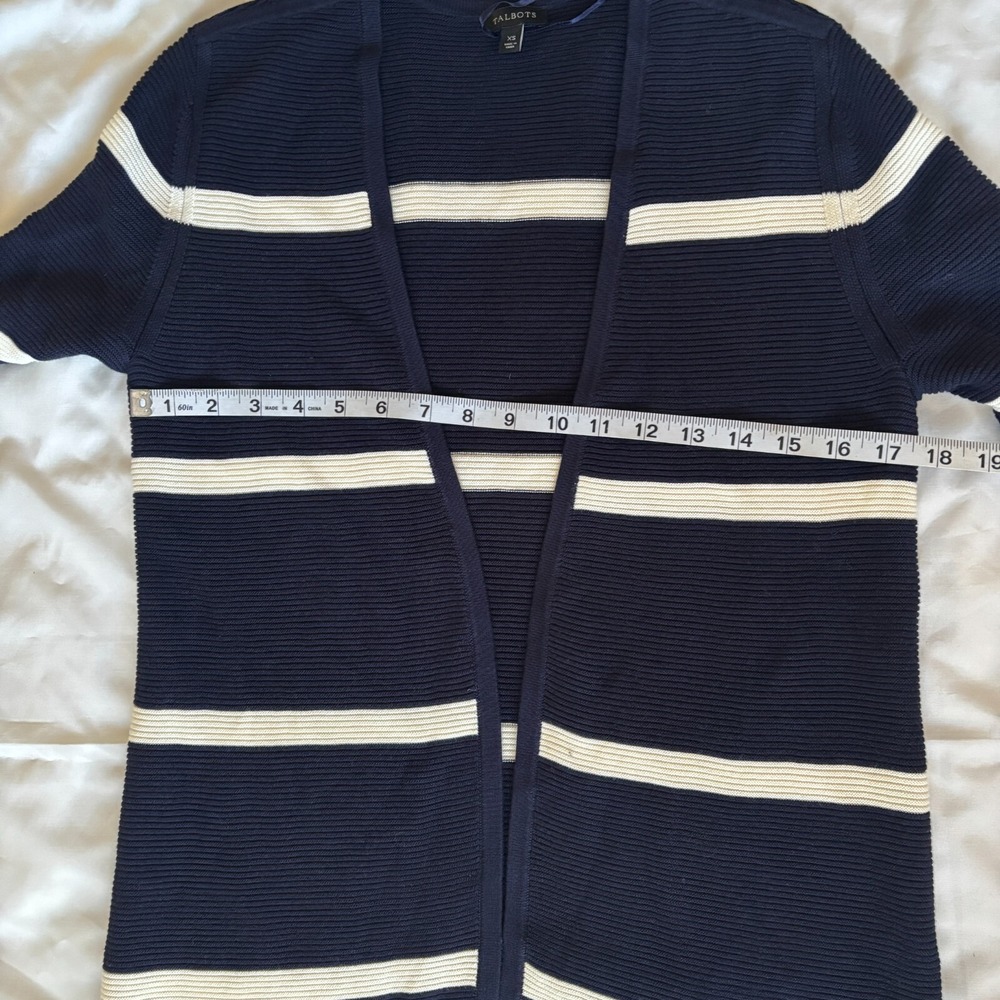 Talbots XS Navy White Striped Open Front Longline Cardigan Button Cuff Ribbed - Picture 6 of 9